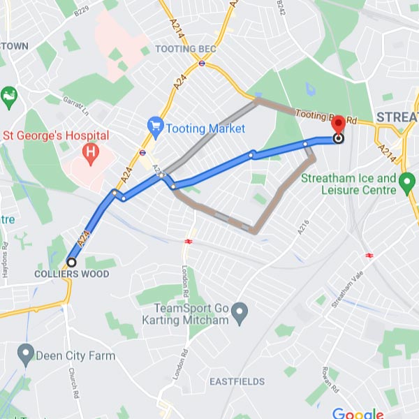 Colliers Wood tube station is just 2 miles away — from just 7 minutes to drive, 41 minutes to walk or from only 13 minutes by public transport.