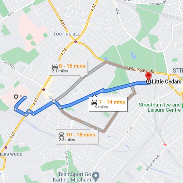 St George's Hospital is just 1.9 miles away. It can take just 7 minutes for the drive to Little Cedar Nursery in Streatham, or from 12 minutes on public transport.