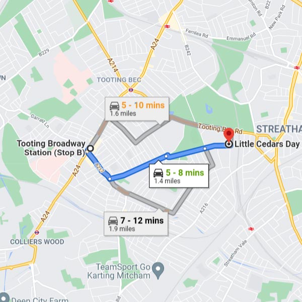 Tooting Broadway Station is only 1.4 miles away from the nursery, so takes from only 5 minutes by car.