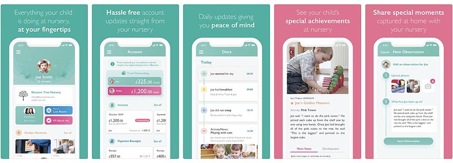 The Blossom Parent App - example screens.
