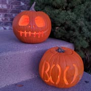 Examples of carved pumpkin Jack-O'-Lanterns.
