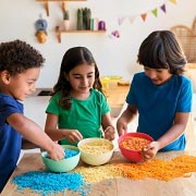 Dye dry rice or pasta with child-safe food colouring for a colourful, ‘scoop-able’ sensory play activity.