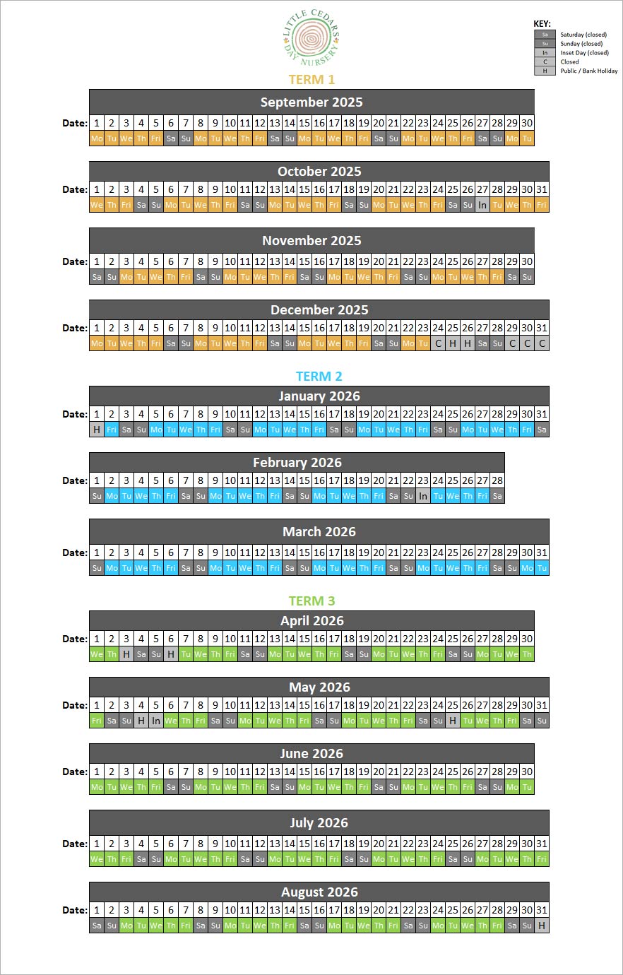51 week working calendar for Little Cedars Nursery childcare (Academic year 2025-26).